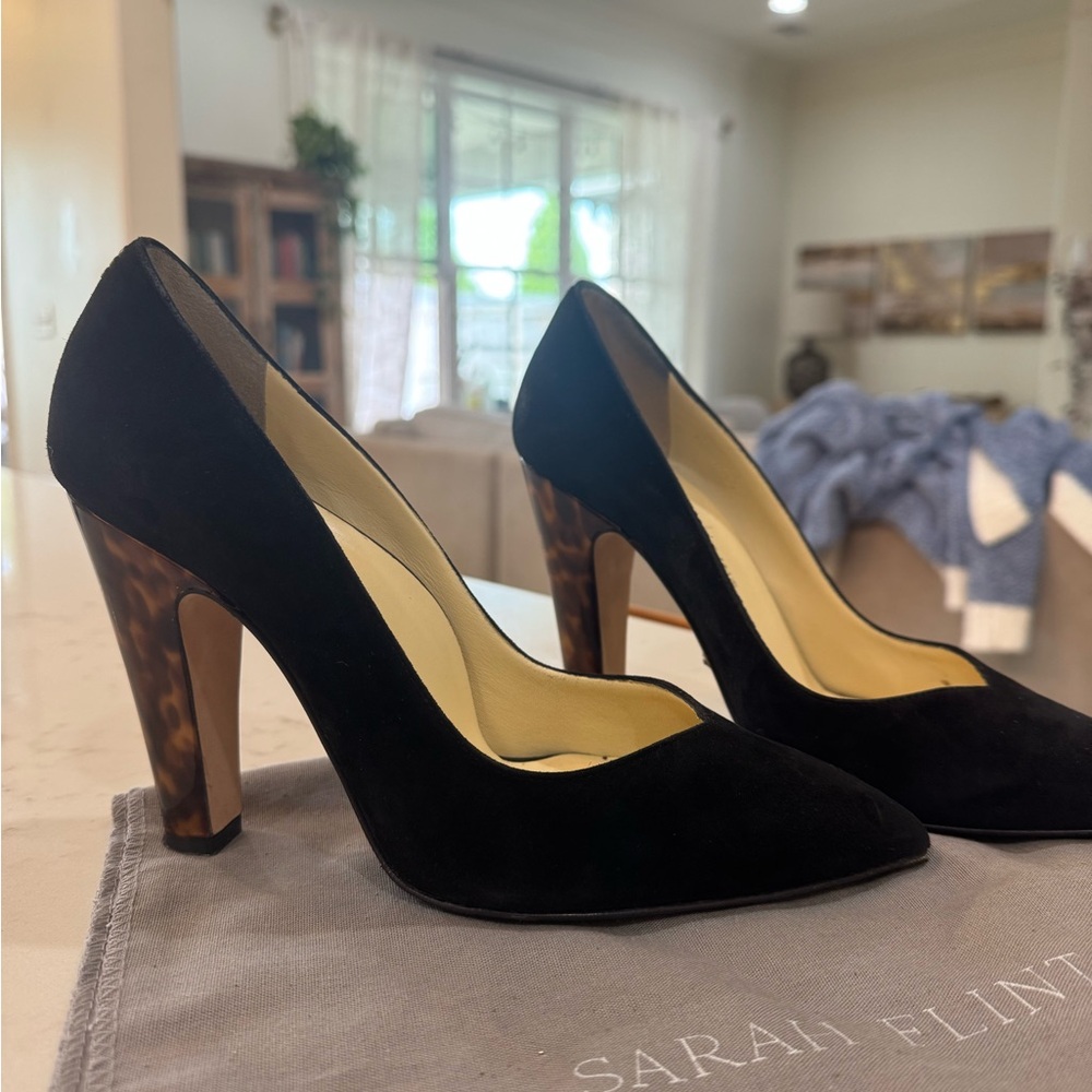 Sarah Flint Perfect Jay Pump 100 Black Suede w Tortoiseshell Heel 38.5